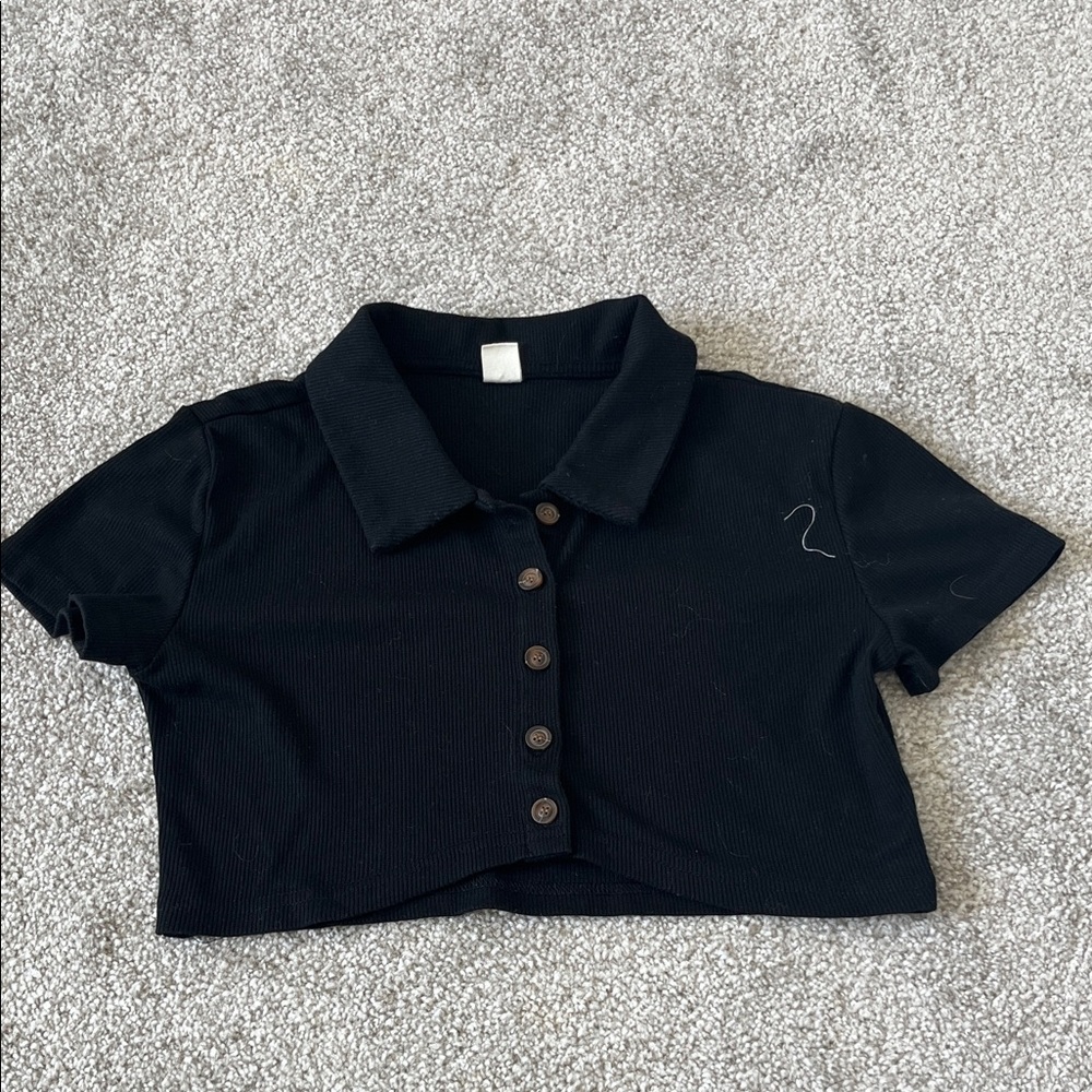 SHEIN Black Ribbed Polo Top